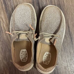 Hey Dude Kids Sparkle Moccasins in Shimmery Taupe